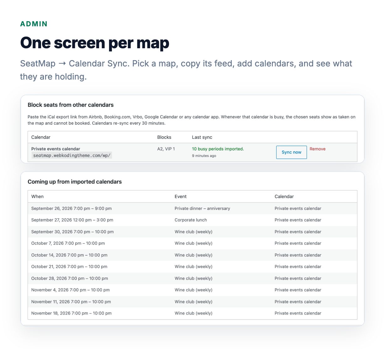 SeatCal admin screen: imported calendars and upcoming blocks