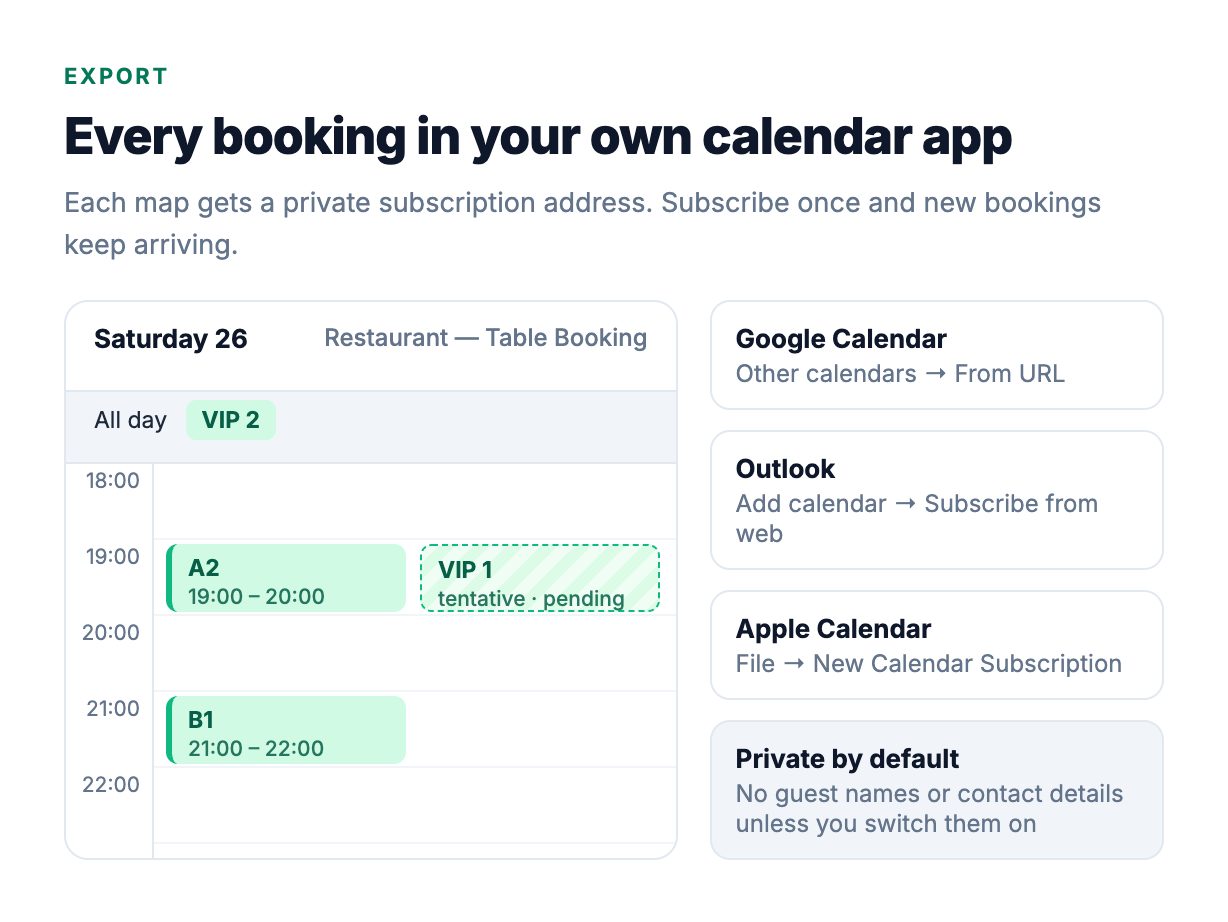 Bookings published to Google Calendar, Outlook and Apple Calendar