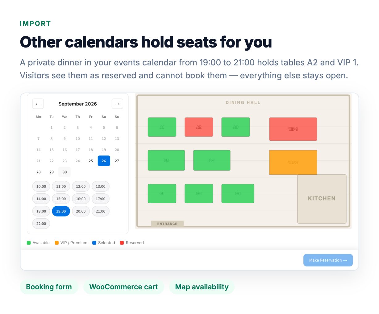 Imported calendar holds tables A2 and VIP 1 on the seat map